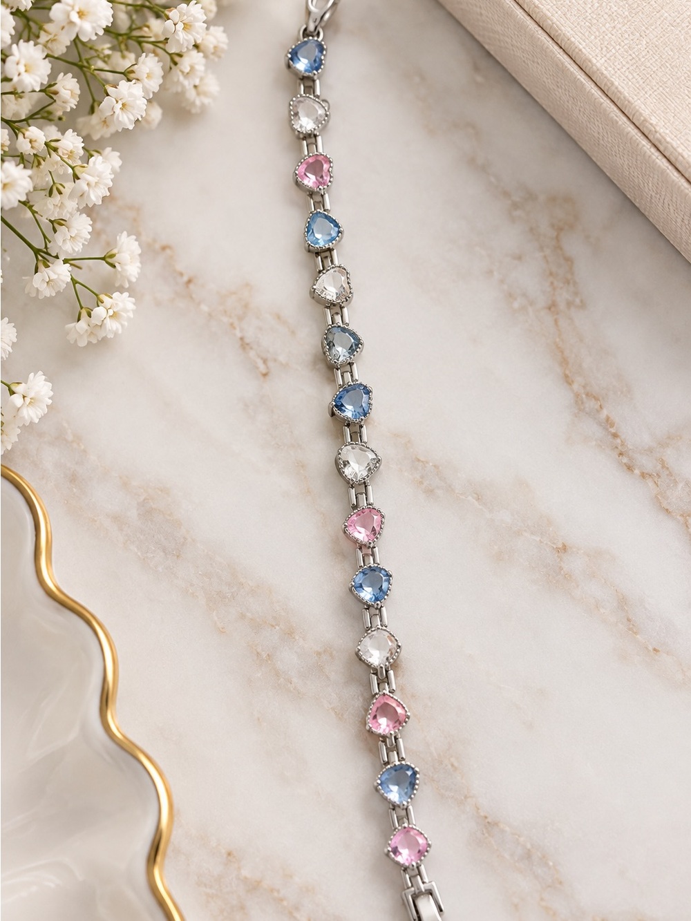 Silver Heart Multi-Stone Bracelet in Blue, Pink & Clear